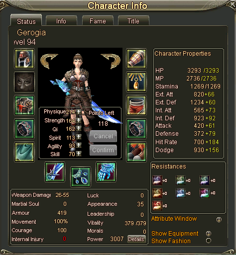 Character status and equipment window