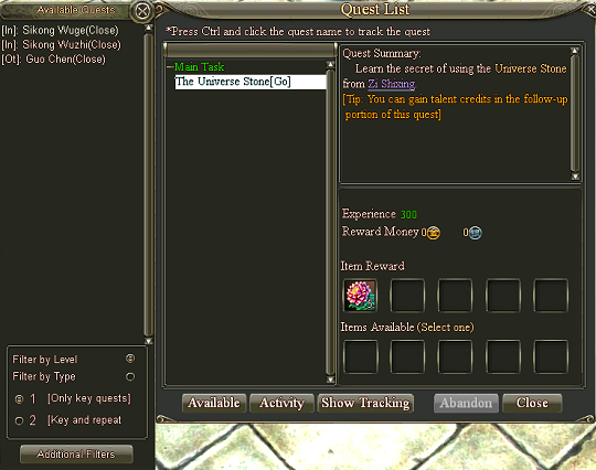 Quest journal window