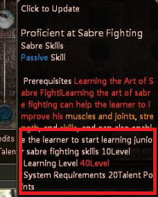 Locked skills and level requirements